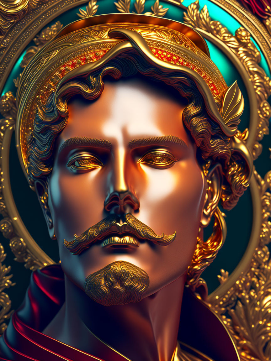 Intricate gold detailing on man's face with red cloak and baroque ornaments