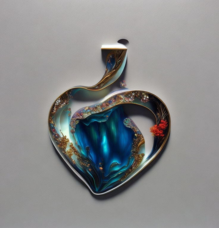 Metal Heart Pendant with Blue Hues and Floral Accents on Grey Background