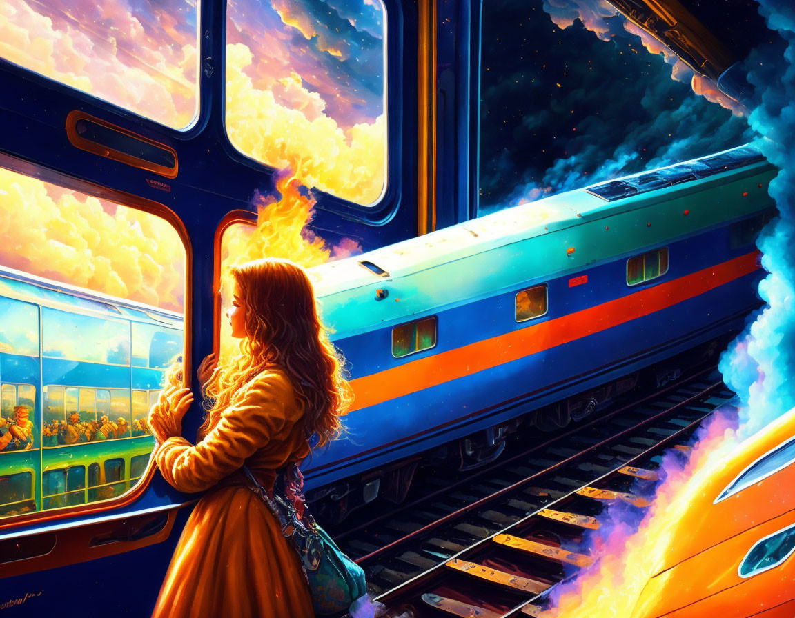 Woman on platform watching colorful blue and orange trains passing by