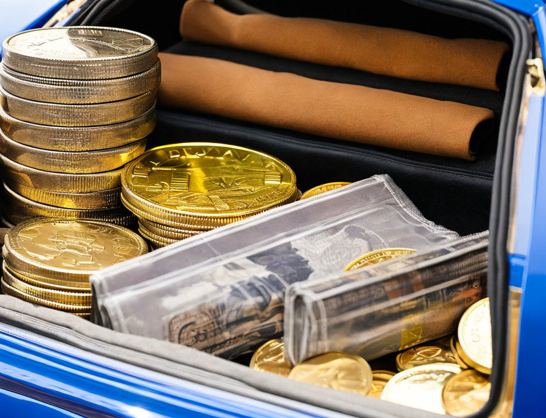 Stacks of Gold Coins and Banknotes in Overflowing Wallet