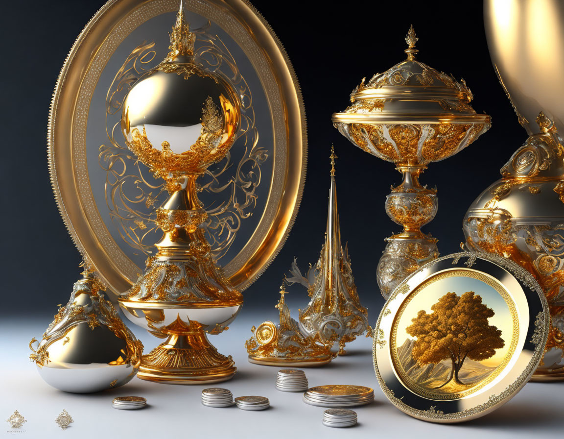 Golden ornate mirror, urns, and coins with intricate designs on reflective surface against blue background