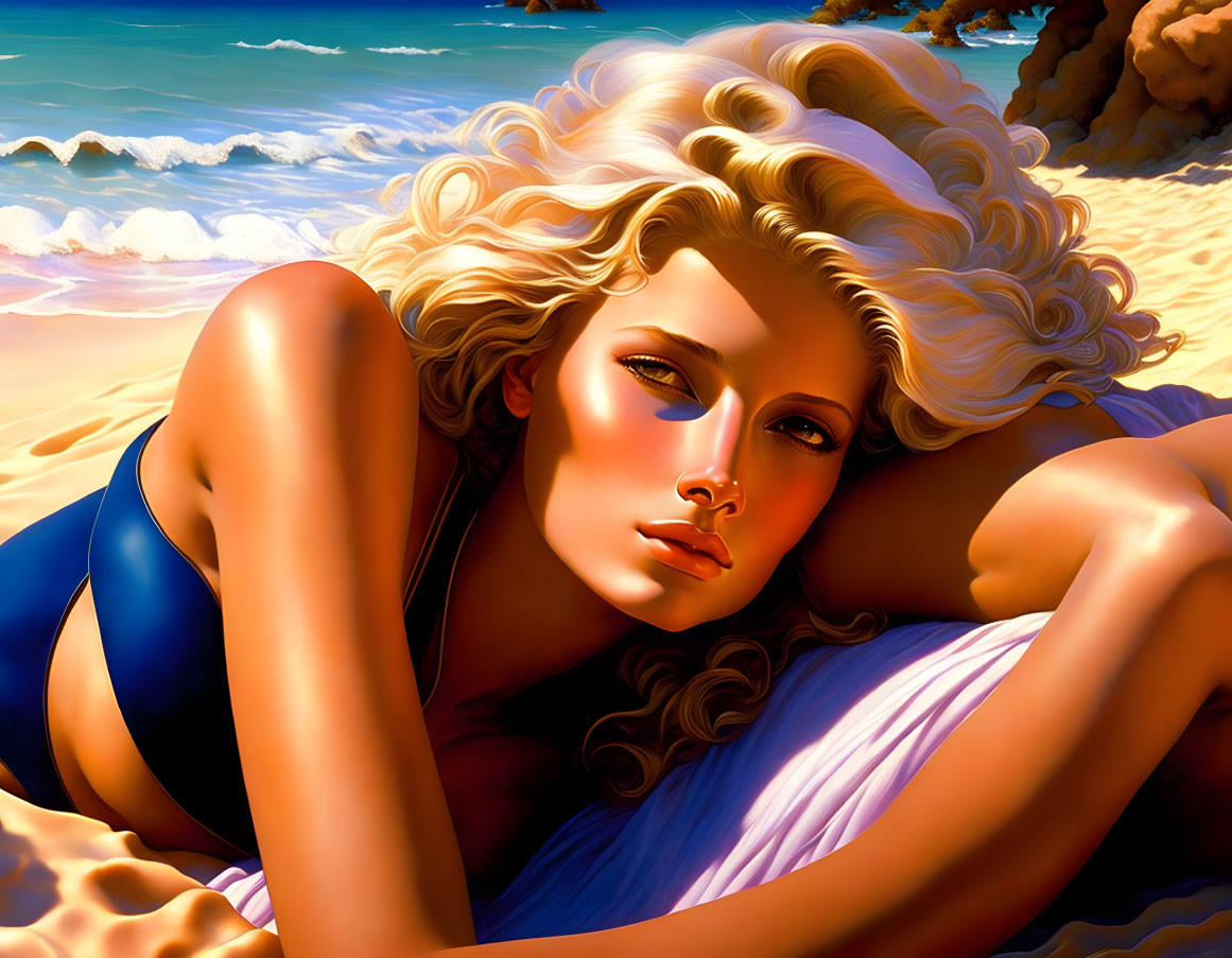 Digital illustration of woman on beach towel with blonde hair and blue swimsuit by sandy beach.