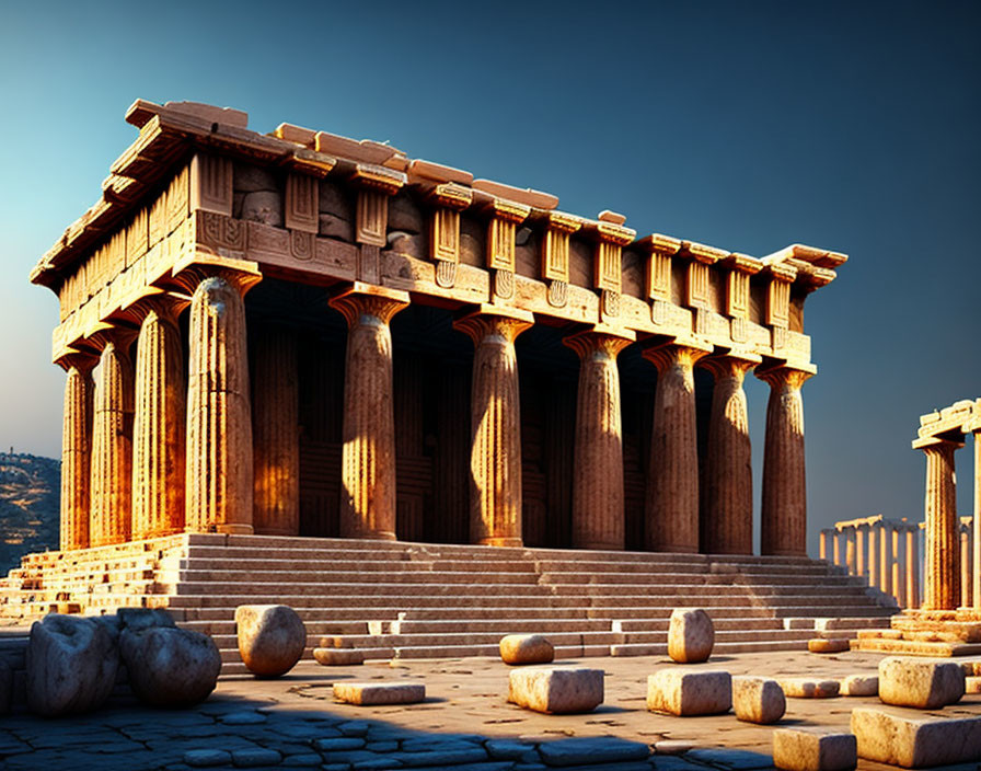 Ancient Greek Temple with Doric Columns in Warm Sunlight