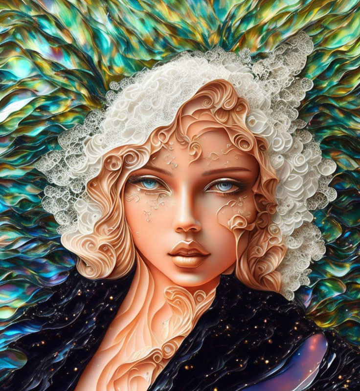 Woman with Blue Eyes and Curly White Hair Against Vibrant Feather Backdrop