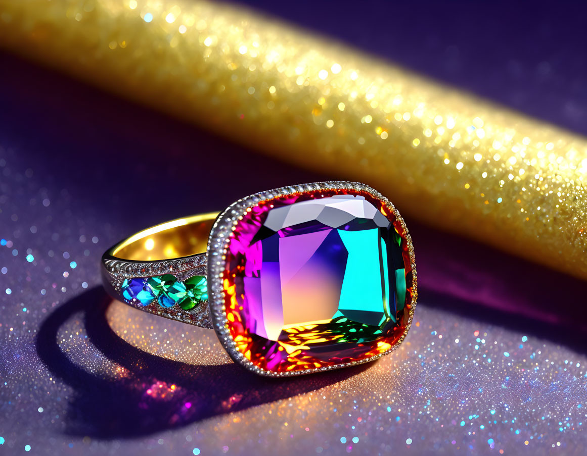 Multicolored Gemstone Ring with Gold Setting and Blue Stones Displayed on Glittery Purple Background