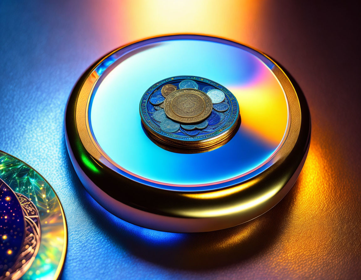 Stack of Coins on Iridescent Surface with Rainbow Reflection