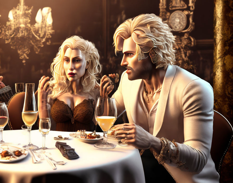 Elegantly dressed animated characters in lavish dining setting