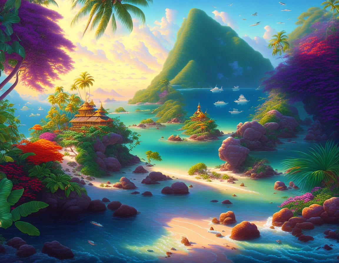 Tropical landscape with green mountains, blue bay, colorful flora, sandy beach, and buildings at sunset