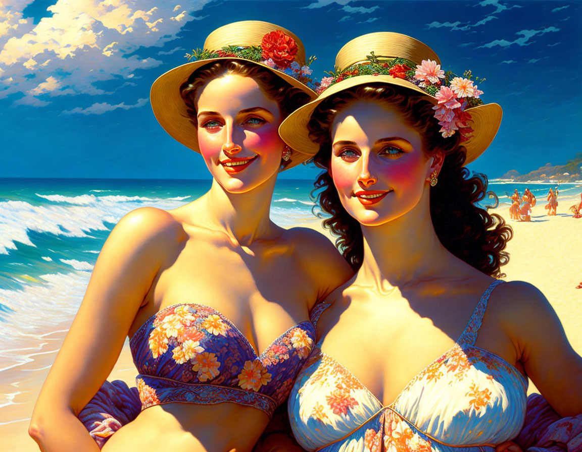 Vintage-style Swimwear: Smiling Women on Sunny Beach