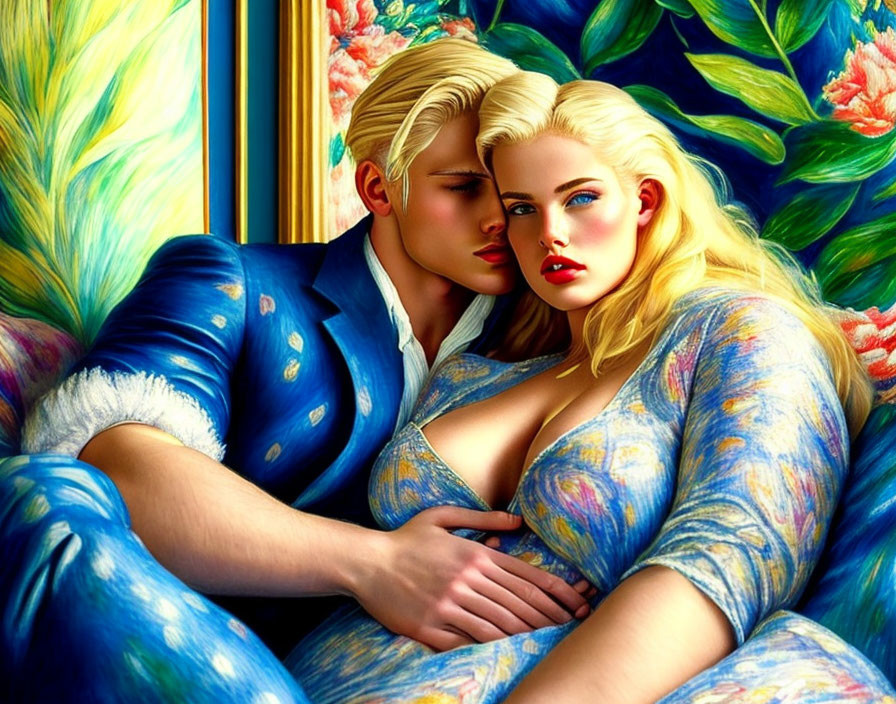 Blonde couple in blue outfits embraced against floral backdrop