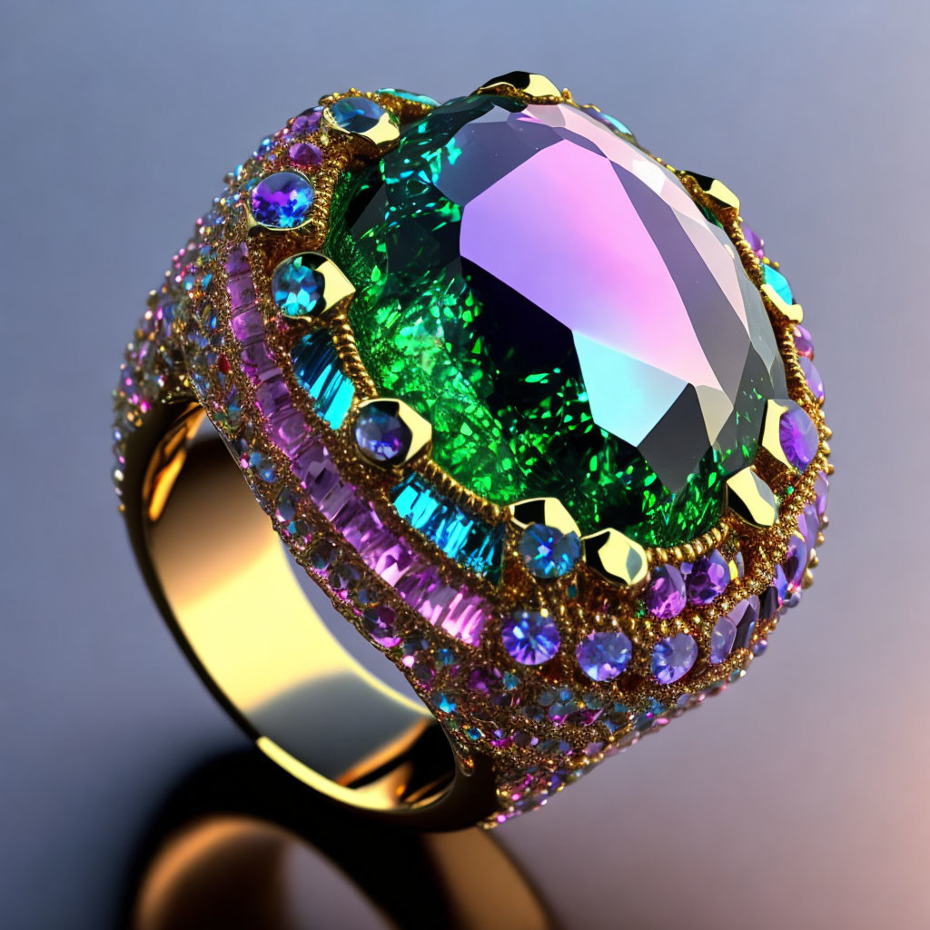 Large Central Green Gemstone Ring with Blue and Purple Stones on Gold Band