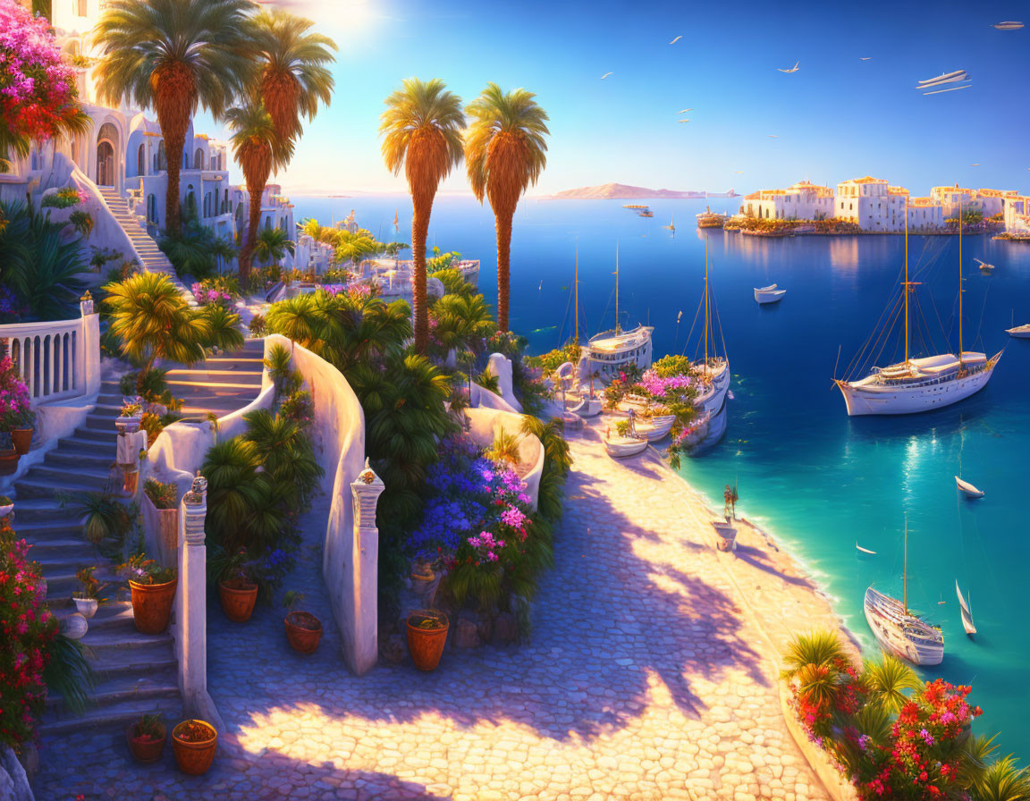 Tranquil coastal harbor with stone pathway, palm trees, and lush flowers