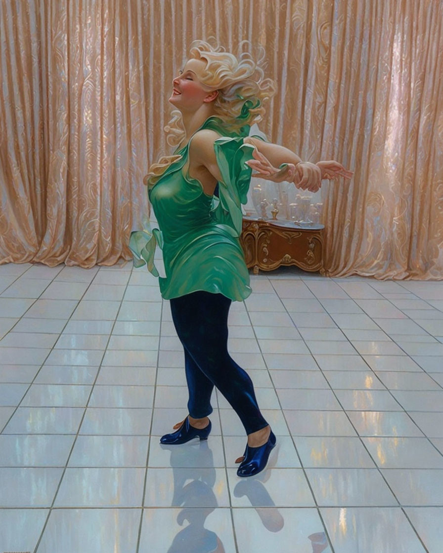 Blonde person in green dress and black leggings posing against curtain backdrop