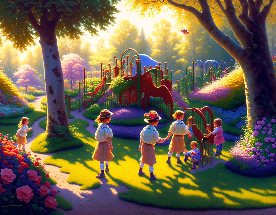 Children playing in sunlit park with colorful flowers and whimsical playground