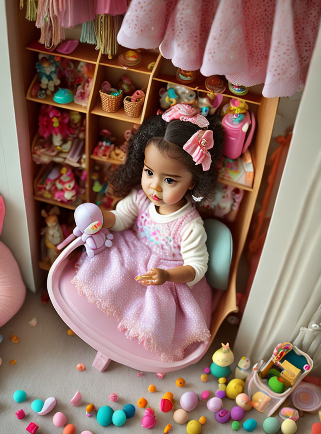 Young girl playing with toys and colorful eggs in a pink dress.