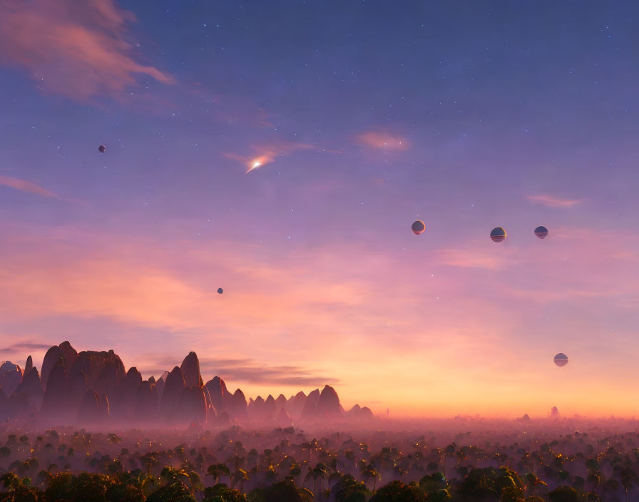 Tranquil Twilight Landscape with Hot Air Balloons