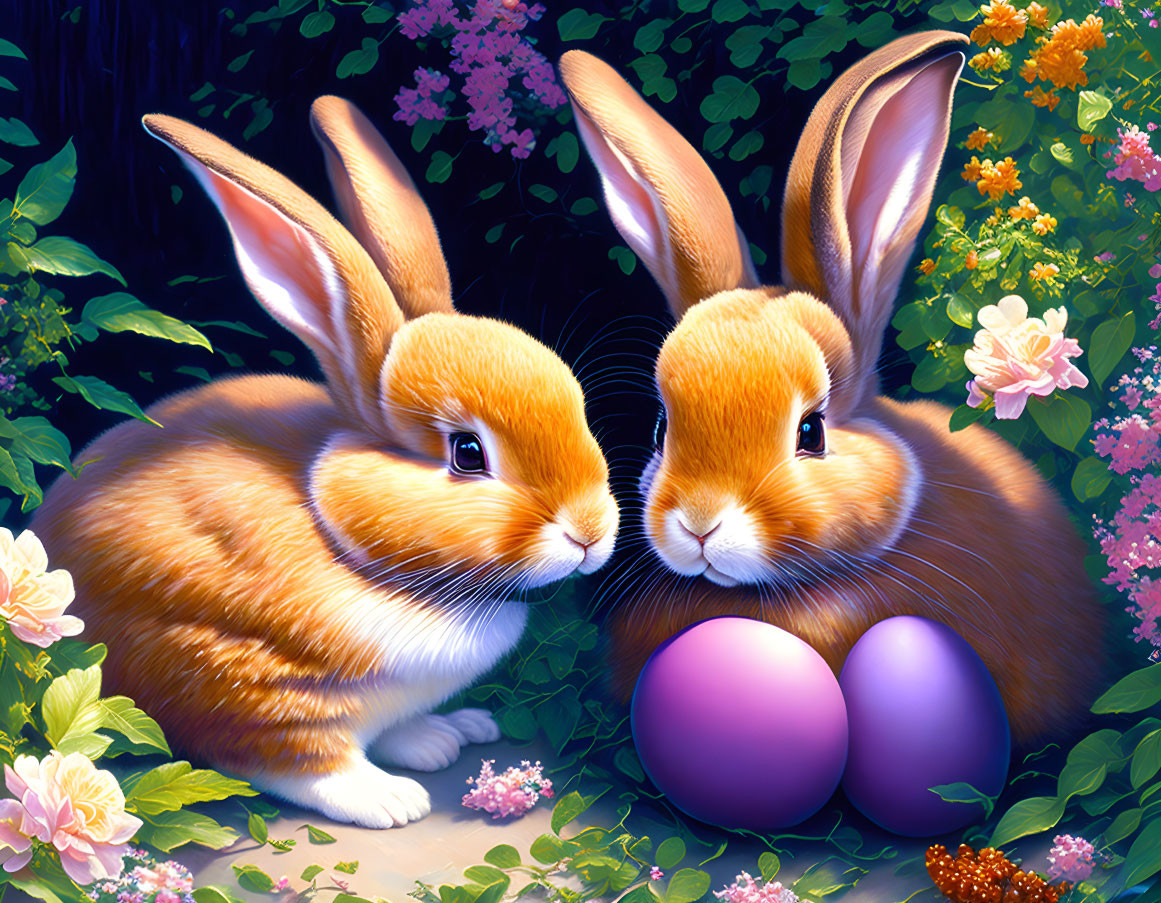 Illustrated rabbits with flowers, greenery, and purple eggs.