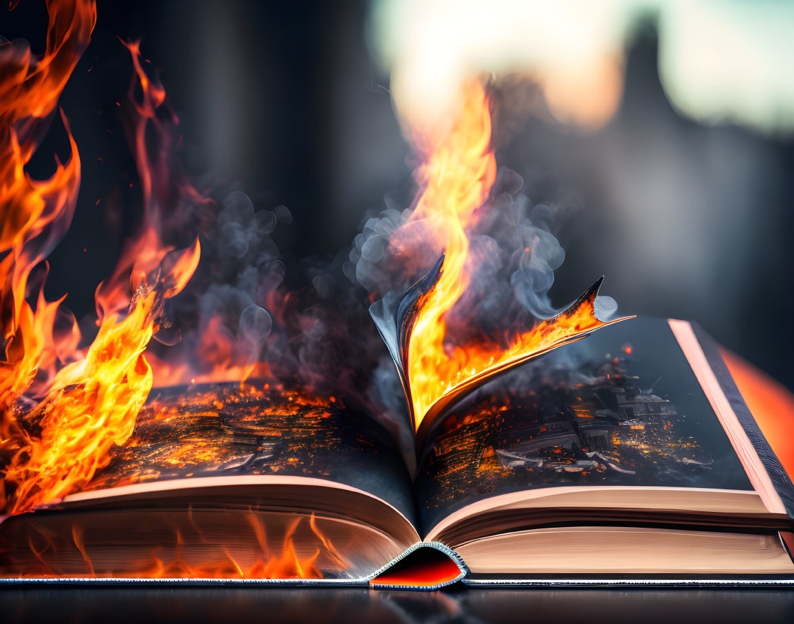 Burning open book with engulfed pages on blurred background