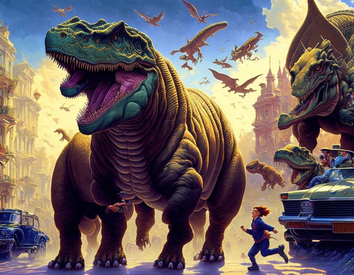 Colorful artwork: Oversized dinosaurs in city with vintage cars and humans.