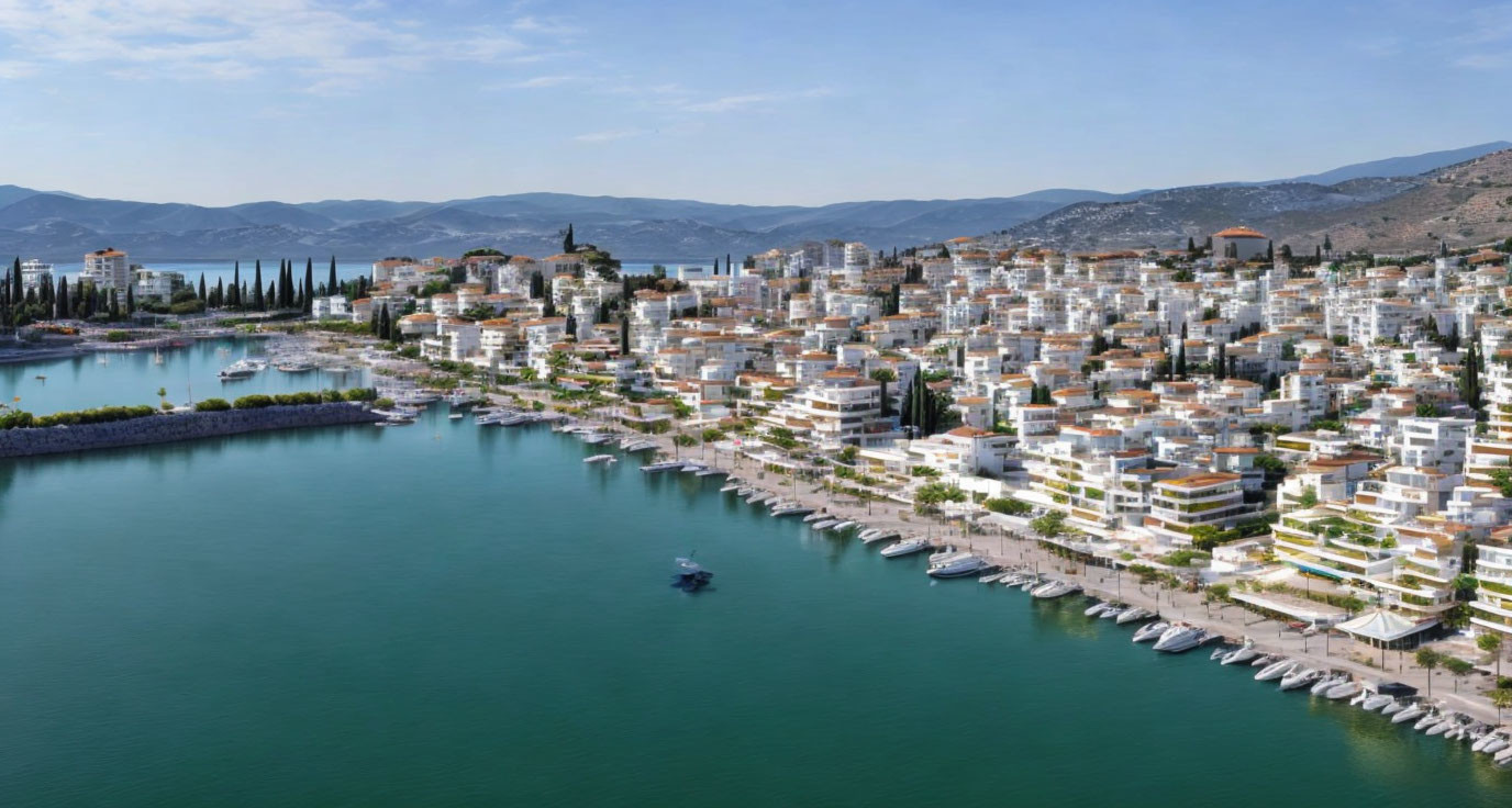 Scenic coastal town with white buildings, hills, and boat on clear day