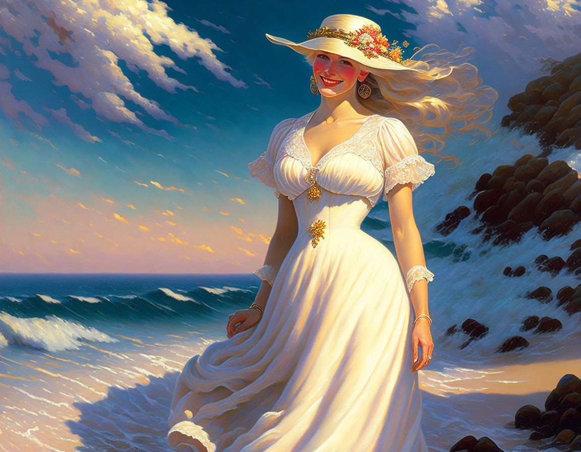 Smiling woman in white dress and hat by the seaside