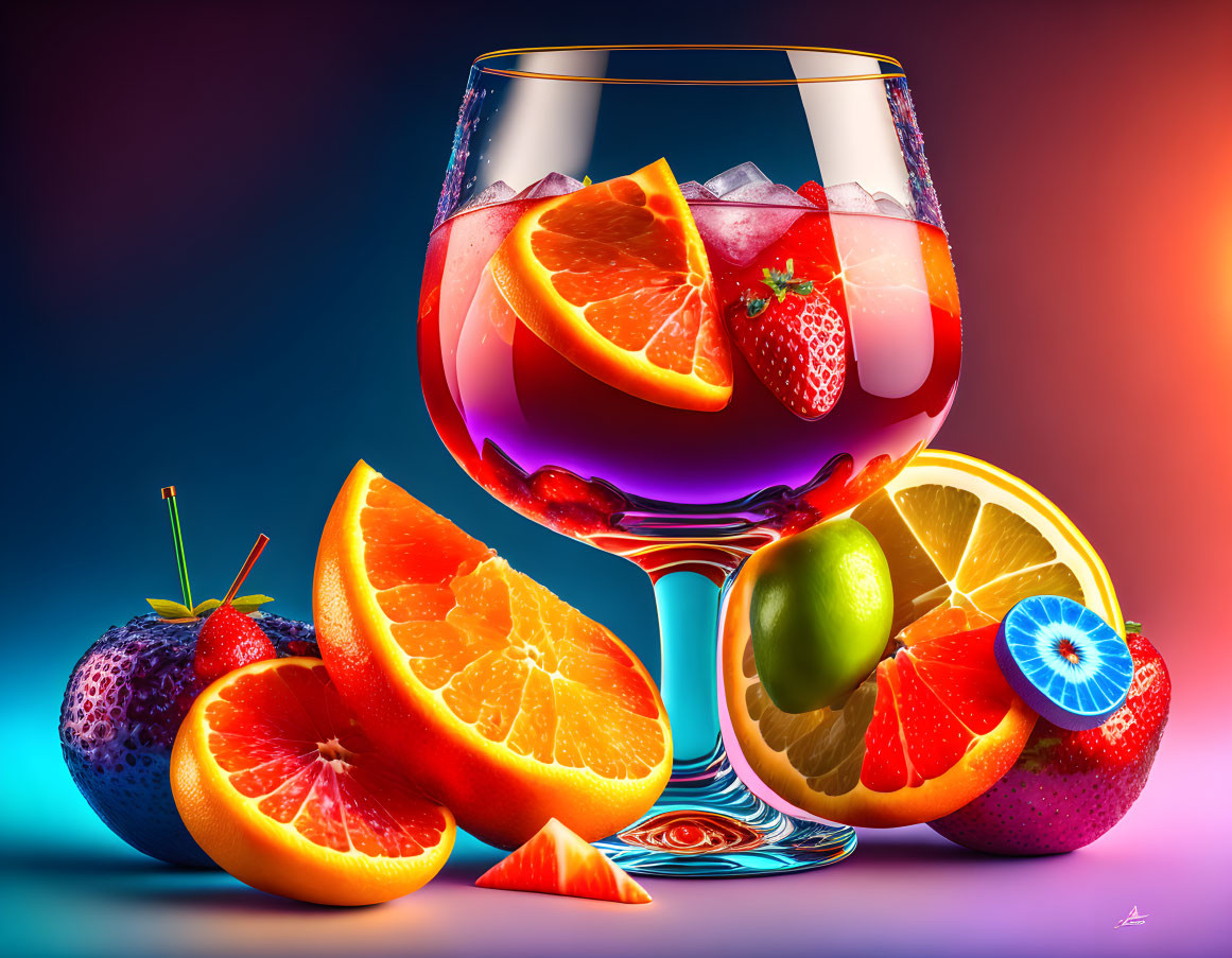 Colorful Fruit Cocktail Illustration with Oranges, Strawberries, and Cherry