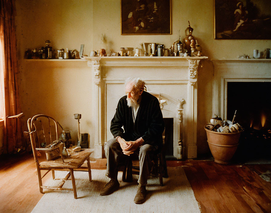 Elderly person in contemplative rustic room with vintage decor