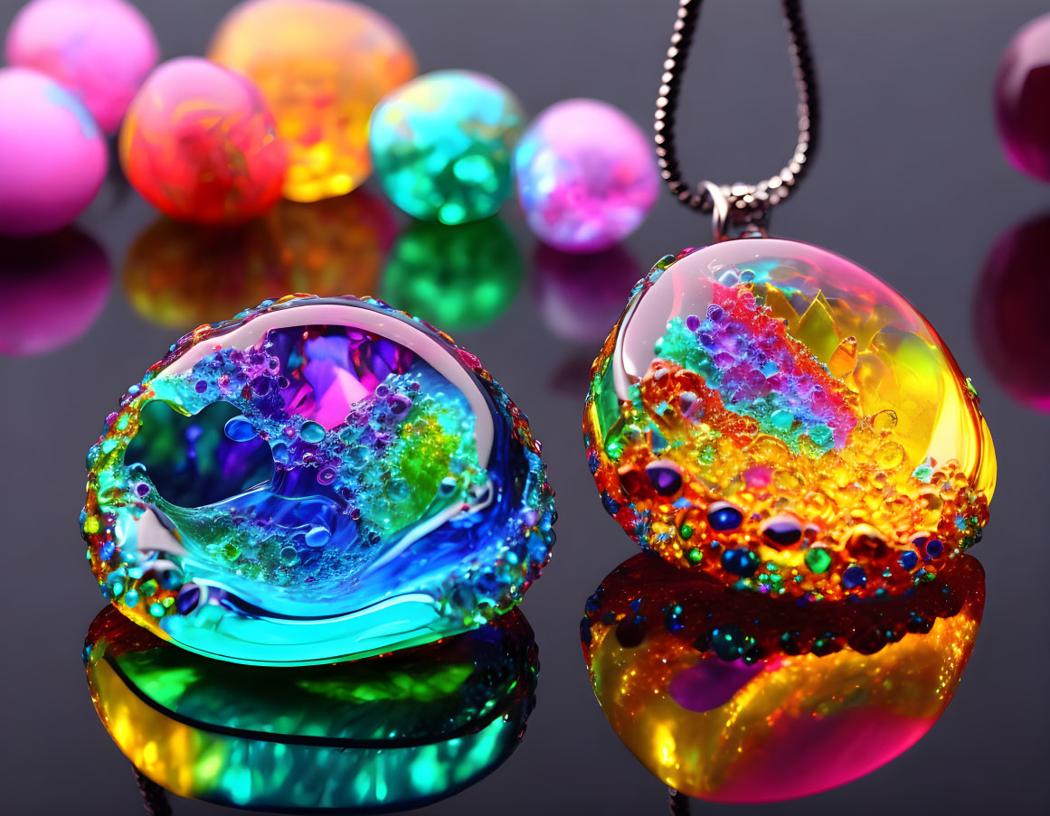 Colorful Glass Pendants with Bubble Designs on Reflective Surface