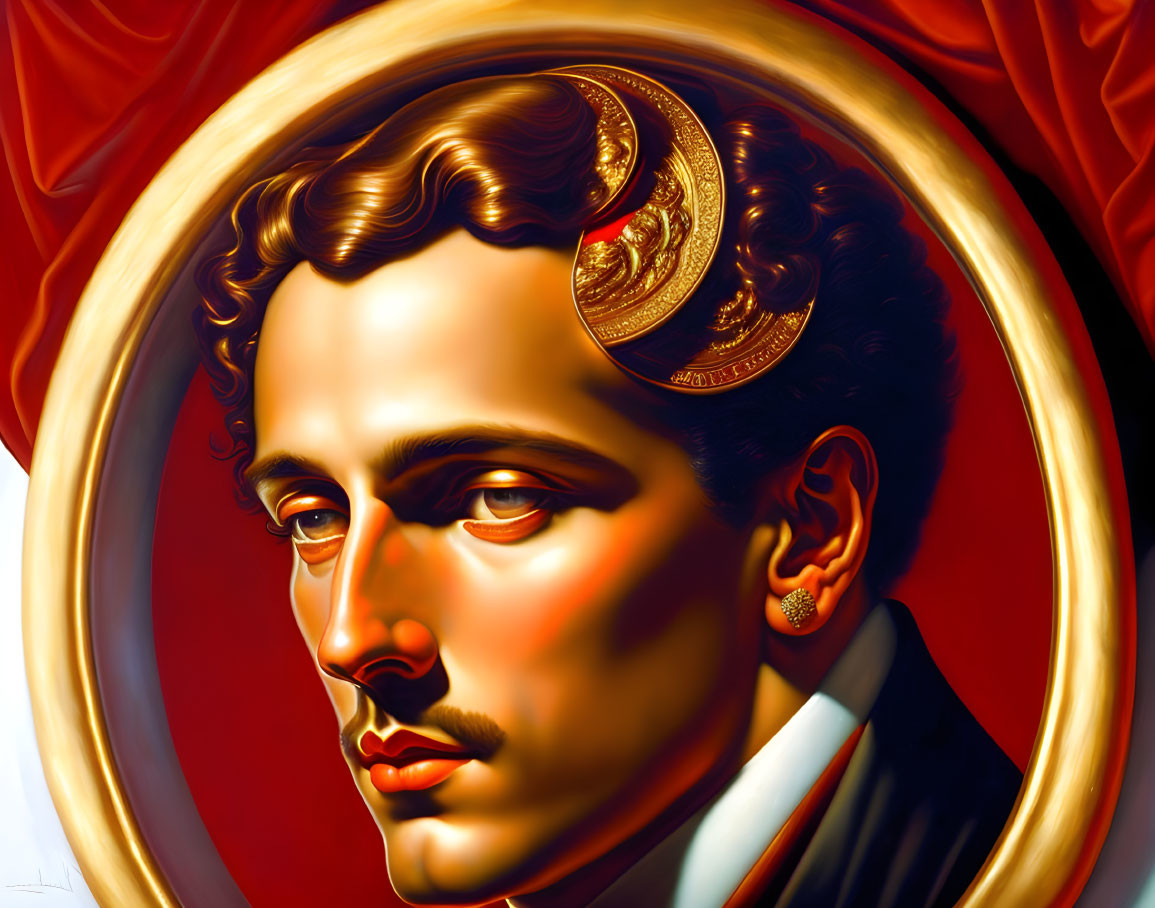 Stylized portrait of man with curly hair in golden laurel against red background