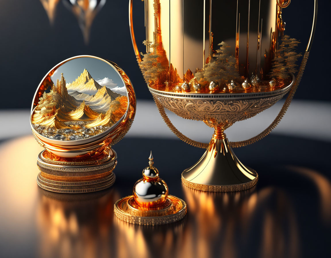 Luxurious Crystal Ball with Golden Ornaments on Reflective Surface