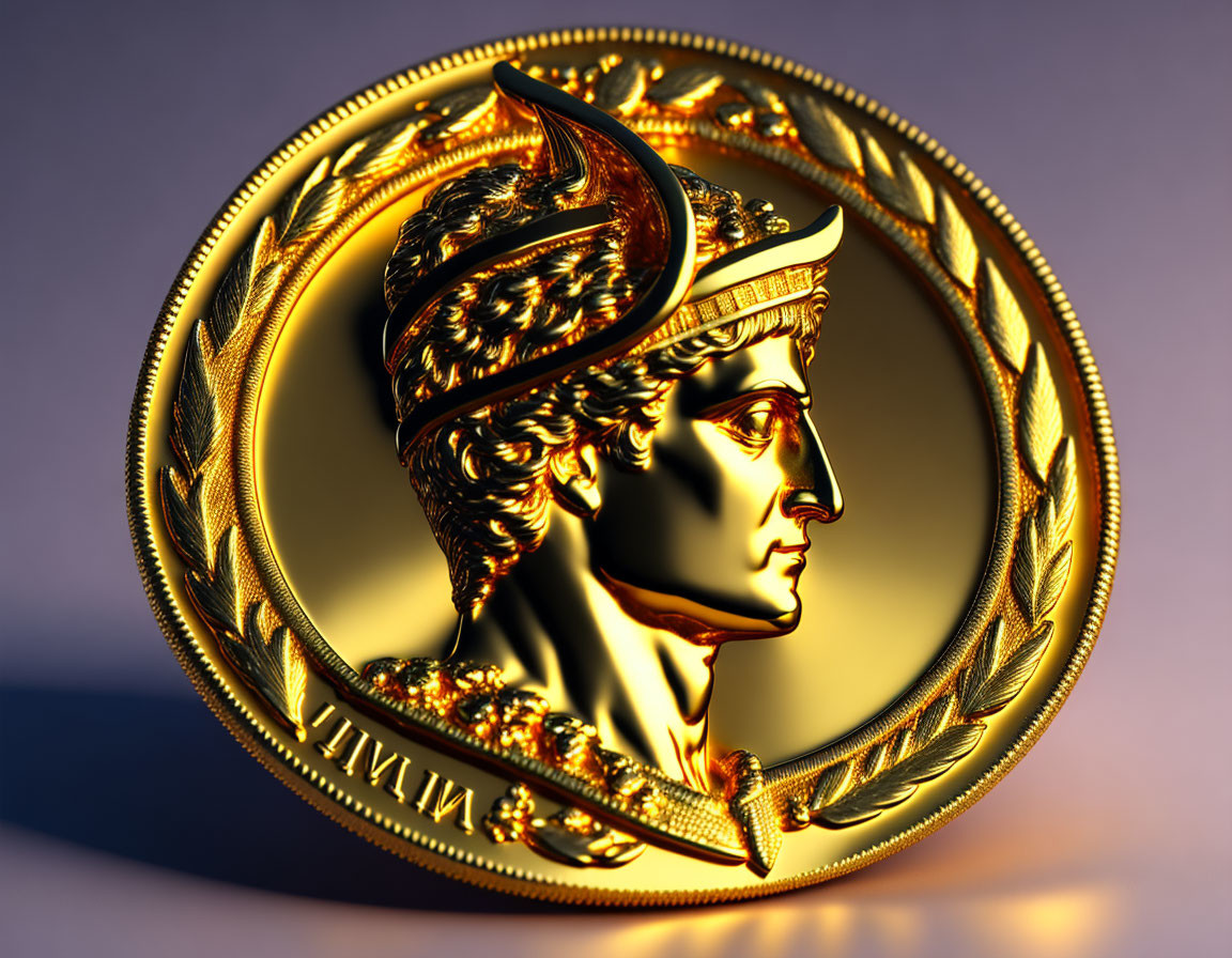 Golden coin featuring classical figure in laurel wreath and helmet on purple background
