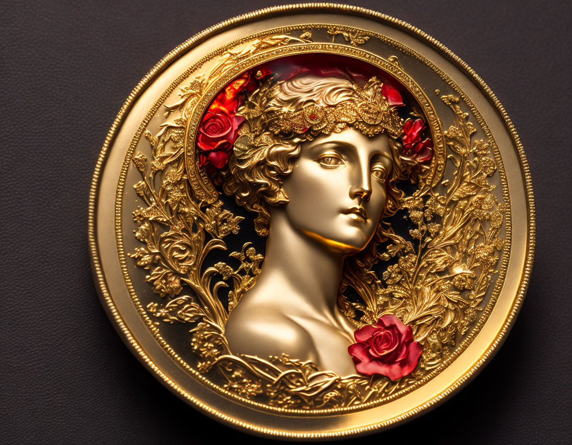 Ornate gold coin with woman's profile relief on black background