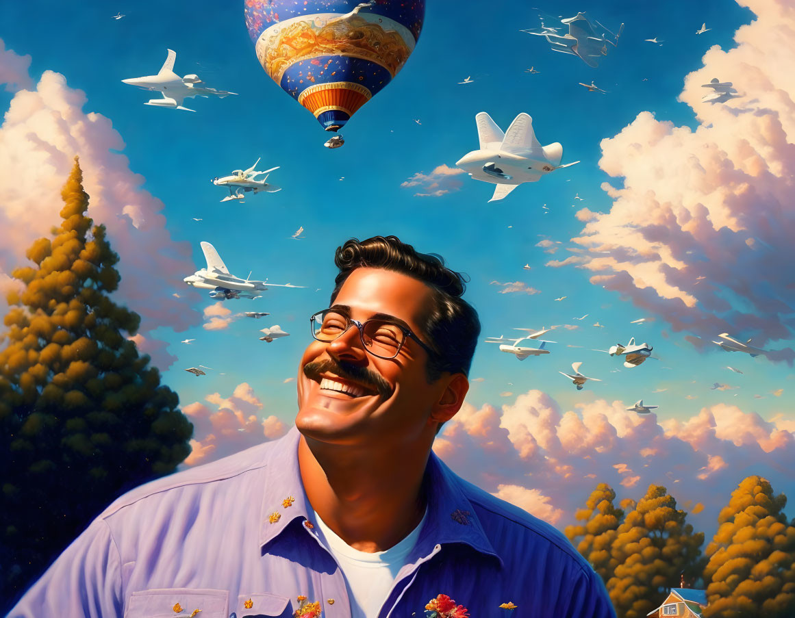 Smiling man with glasses among flying aircraft in blue sky