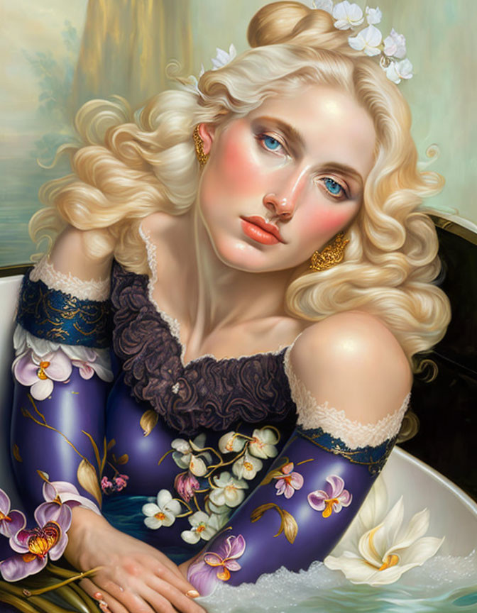 Blonde Woman Portrait with Blue Eyes and Floral Dress