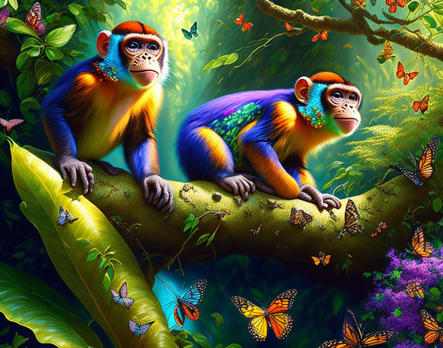 Colorful Monkeys on Tree Branch with Butterflies in Lush Greenery