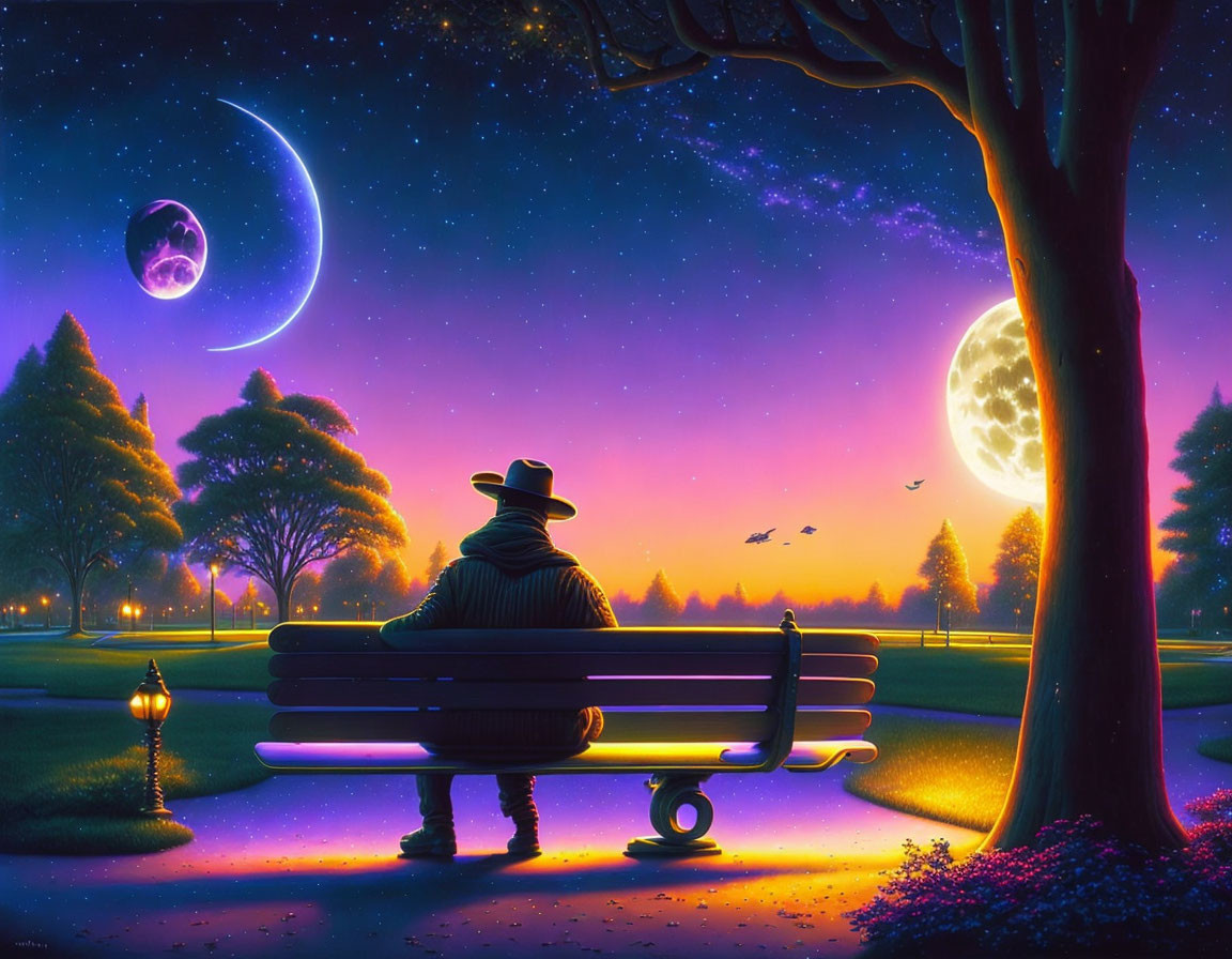 Person on park bench admiring vibrant night sky with crescent and full moon, luminescent landscape