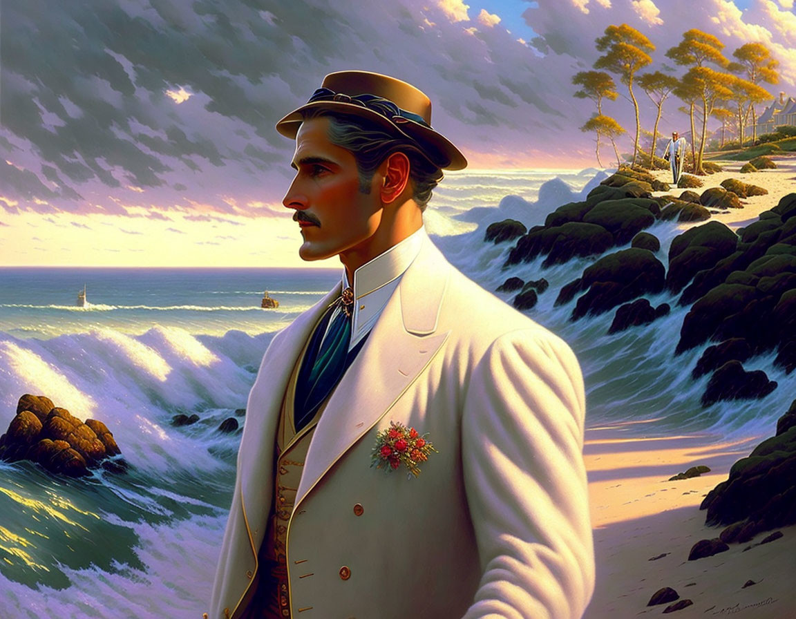 Man in White Suit and Hat by Sea at Sunset with Sailboats and Trees