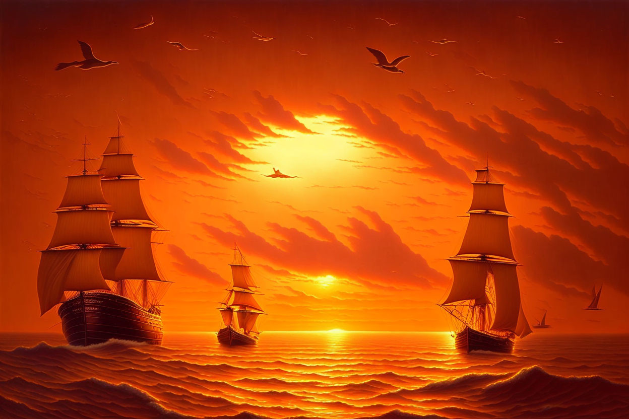 Orange Sunset Over Ocean: Sailing Ships, Waves, Seagulls