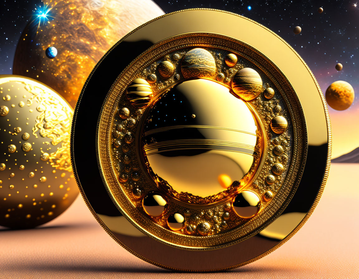 Surreal 3D artwork: golden spheres, rings, cosmic background.