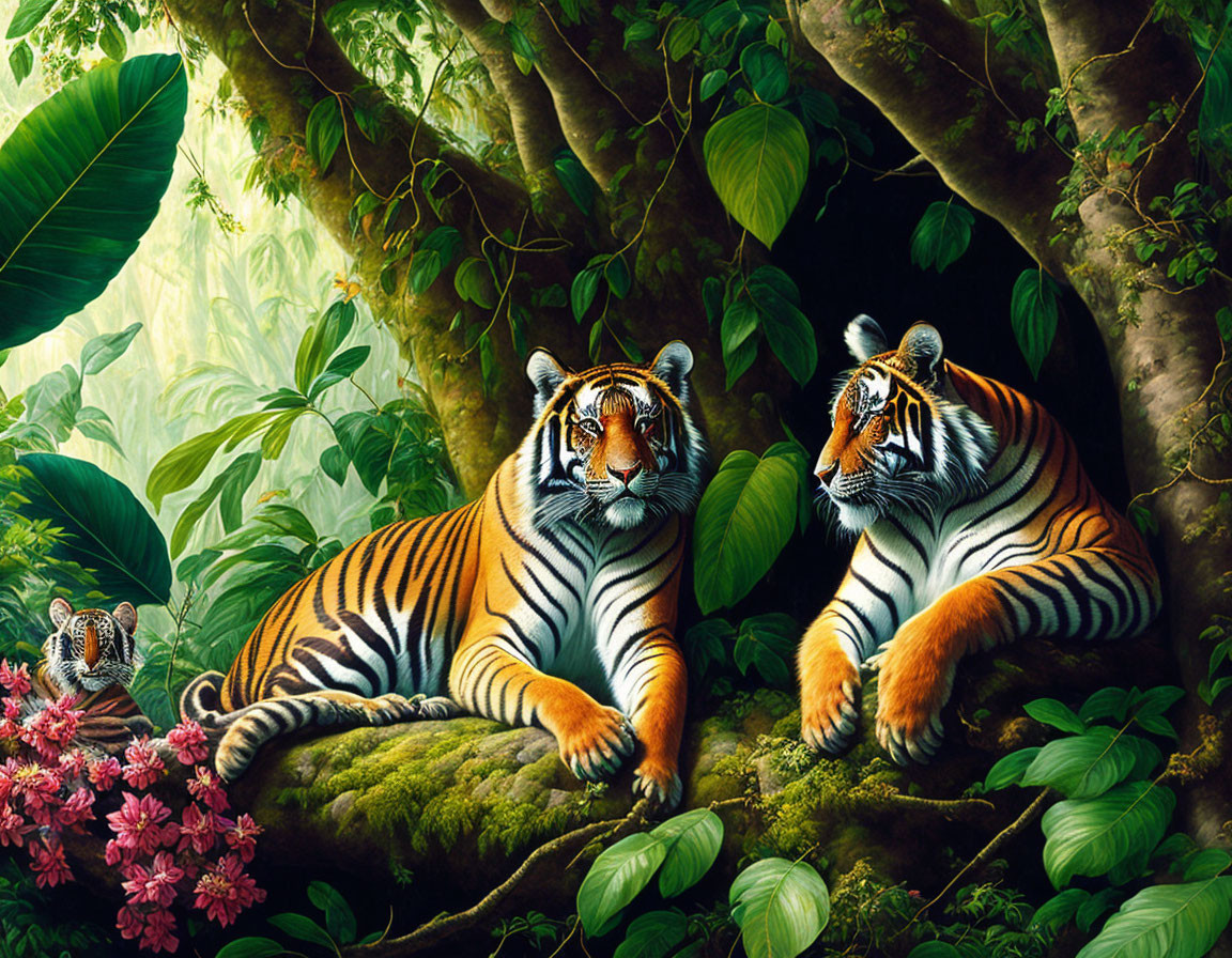 Two tigers and a cub in lush jungle setting