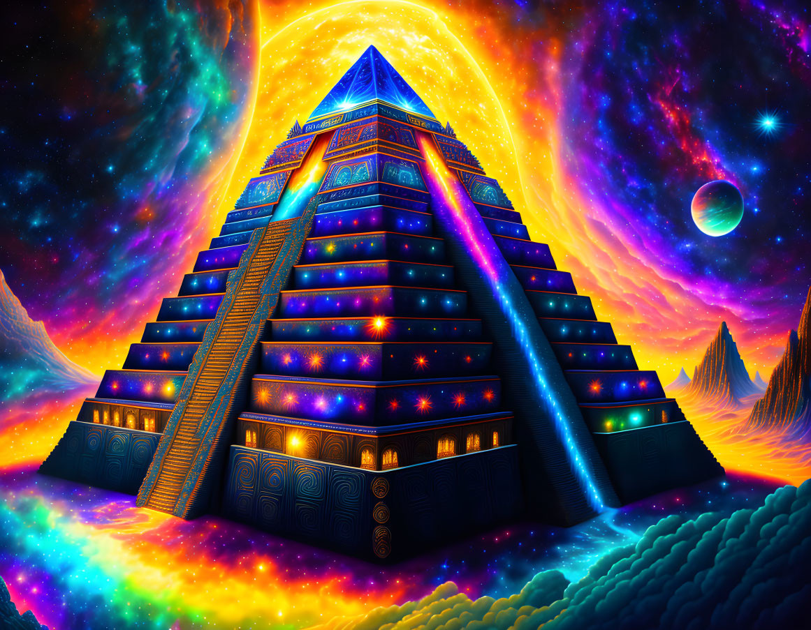 Colorful Aztec/Mayan pyramid in cosmic setting