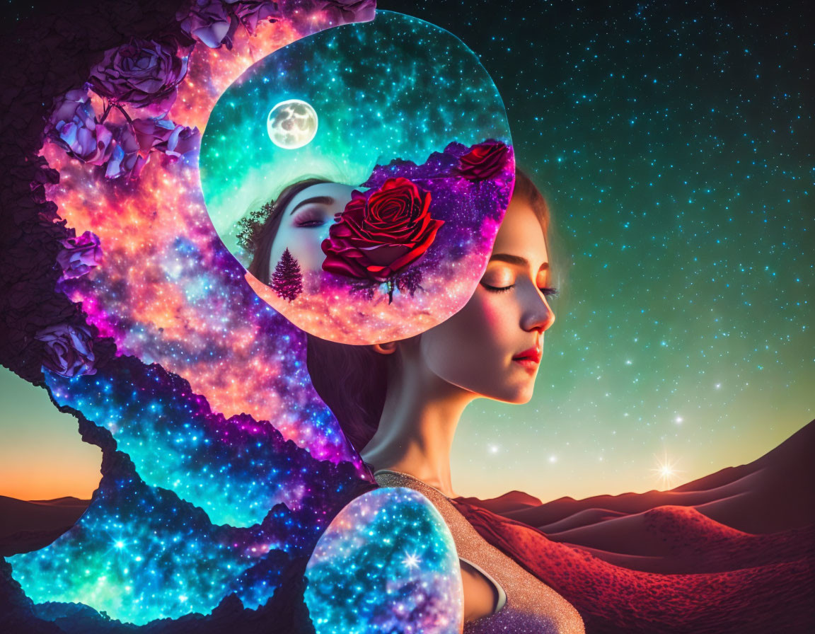 Surreal portrait of woman's profile with cosmic elements in desert twilight