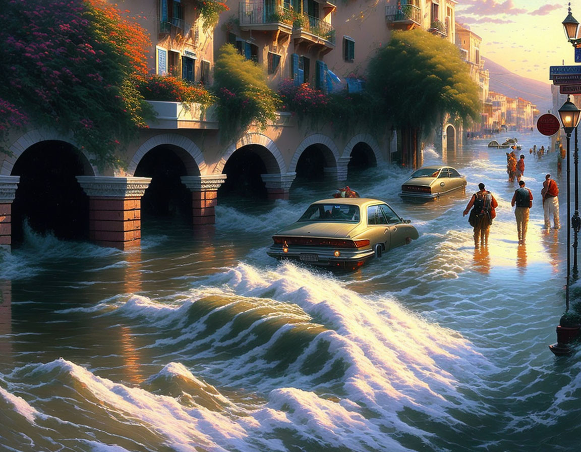 Flooded city street with people, cars, and arched buildings in warm sunlight