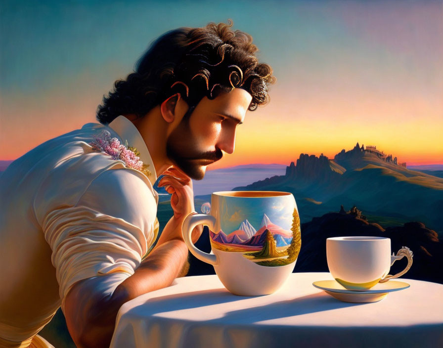 Man in Regal Attire Contemplating Landscape in Teacup