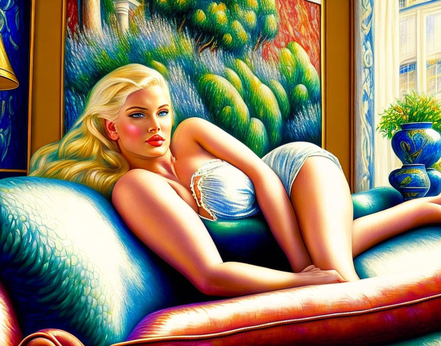 Blonde woman lounging on teal sofa with abstract art and foliage