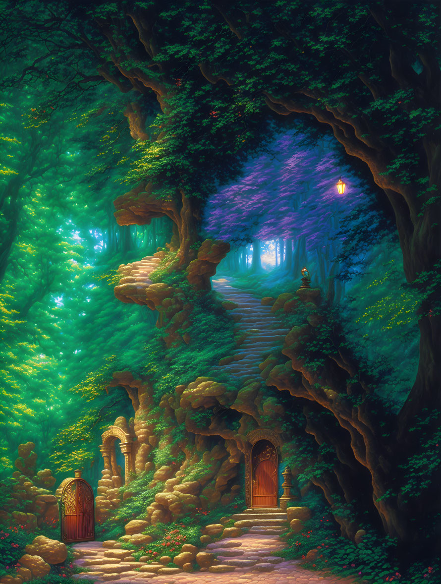 Enchanted forest scene with mystical pathway and illuminated wooden doors