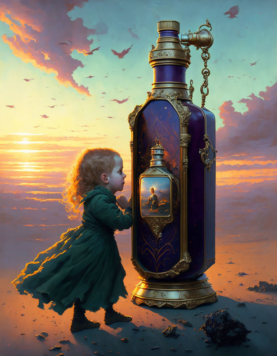 Child in green dress gazes into oversized lantern at sunset sky with birds