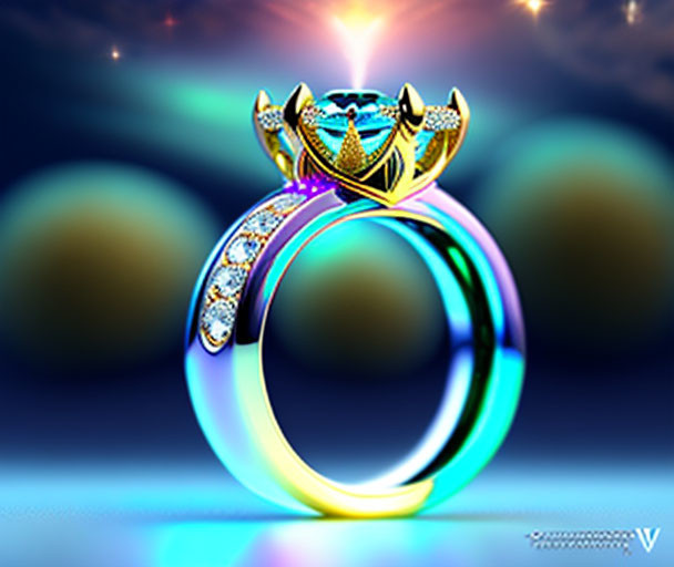 Blue Gemstone Ring with Diamonds on Split Shank and Bokeh Background