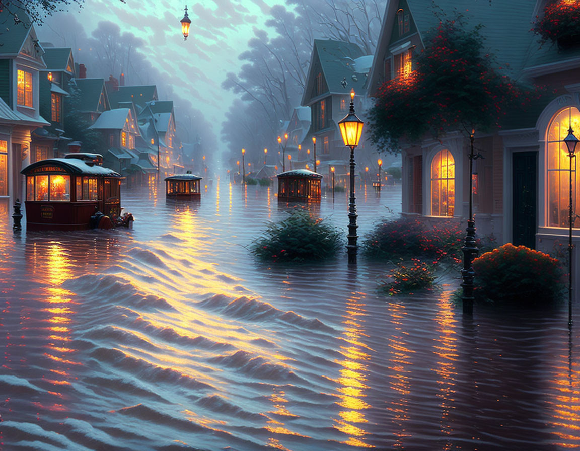 Floodlit flooded street scene at twilight with illuminated houses, boat, and trolley