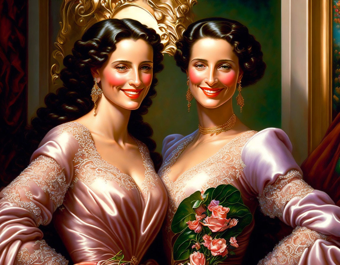 Vintage Dresses: Two Women Smiling Together with Roses Bouquet